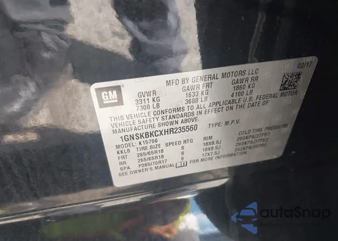 2017 Chevrolet Tahoe Lt z USA, uszkodzony, nr VIN 1GNSKBKCXHR235560